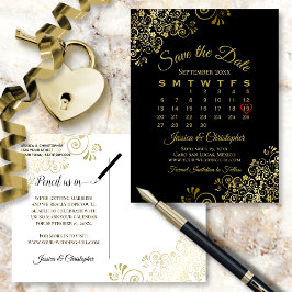 Cartão Postal De Anúncio Casamento Preto Dourado Guardar o Calendário de Da