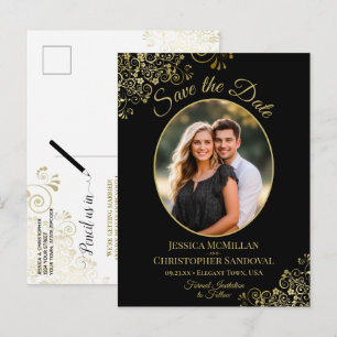 Cartão Postal De Anúncio Casamento Preto e Dourado Save the Date Foto Oval