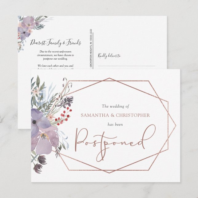Cartão Postal De Anúncio Casamento Reagendado Floral Geométrico Data Altera (Frente/Verso)
