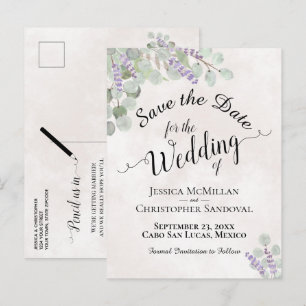 Cartão Postal De Anúncio Casamento rosa Eucalyptus e Lavanda Salvar a Data