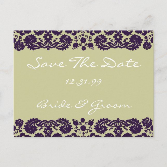 Cartão Postal De Anúncio Casamento Roxo Damask (Frente)