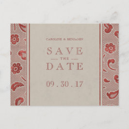 Cartão Postal De Anúncio Casamento russo do Kraft red Lace salvar a data