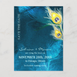 Cartão Postal De Anúncio Casamento Rustic Blue Peacock Salvar a Data