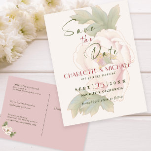 Cartão Postal De Anúncio Casamento Rustic Blush Pink Peony Salva a Data