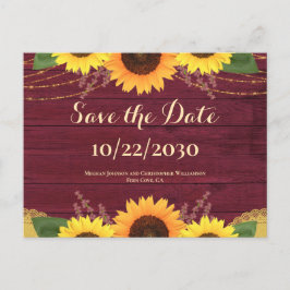 Cartão Postal De Anúncio Casamento Rustic Maroon Wood Sunflower Salve data