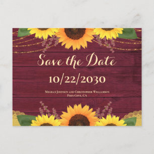 Cartão Postal De Anúncio Casamento Rustic Maroon Wood Sunflower Salve data