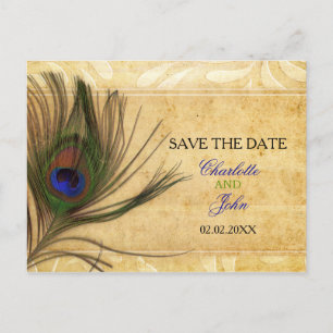 Cartão Postal De Anúncio Casamento Rustic Peacock Feather salvar a data