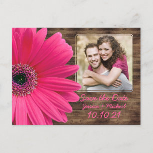 Cartão Postal De Anúncio Casamento Rustic Pink Daisy Wood Foto Salve a Data