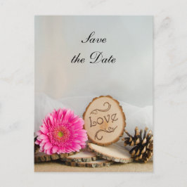 Cartão Postal De Anúncio Casamento Rustic Pink Daisy Woodland Salve a Data