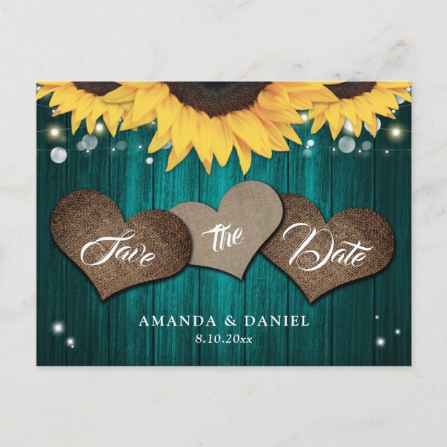 Cartão Postal De Anúncio Casamento Rustic Teal Sunflower Salvar Data (Frente)