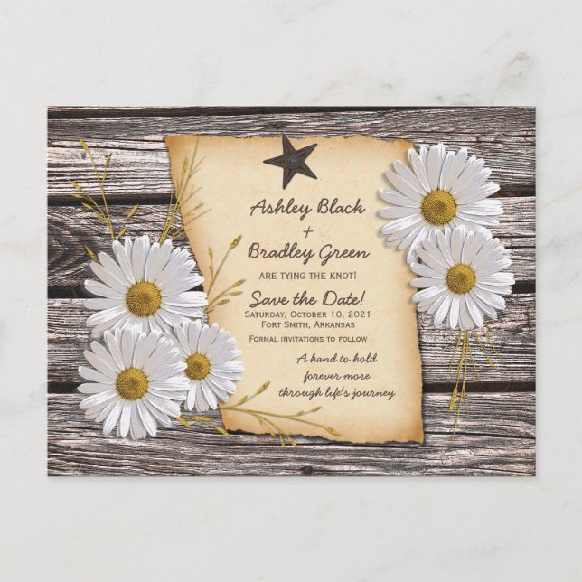 Cartão Postal De Anúncio Casamento Rustic White Daisy Western Salva a Data (Frente)