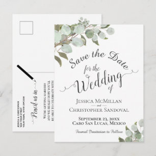 Cartão Postal De Anúncio Casamento Rústico Eucalipto & Verdura Salve a Data