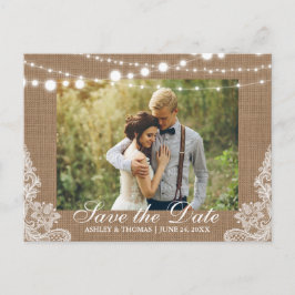 Cartão Postal De Anúncio Casamento Rústico Luzes de Sarja de Renda Salve a