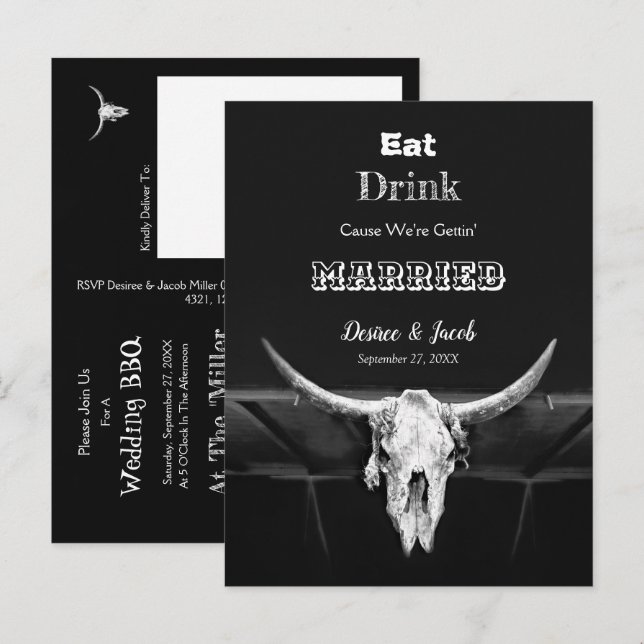 Cartão Postal De Anúncio Casamento Rústico Preto e Branco Ocidental Comer B (Frente/Verso)