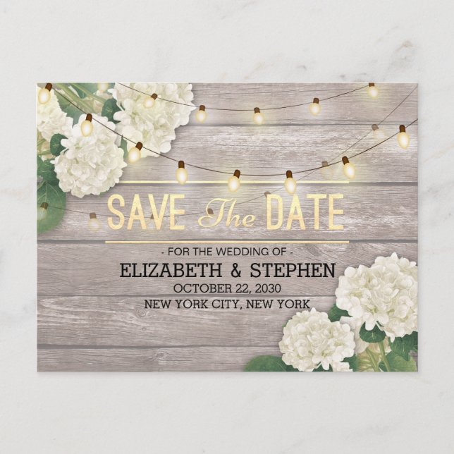 Cartão Postal De Anúncio Casamento Salvar A Data Hydrangea String Luz Madei (Frente)
