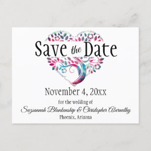 Cartão Postal De Anúncio Casamento Salve A Data Aqua Blue Tree Heart Custom