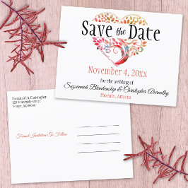 Cartão Postal De Anúncio Casamento Salve A Data Laranja Borgonha Coração