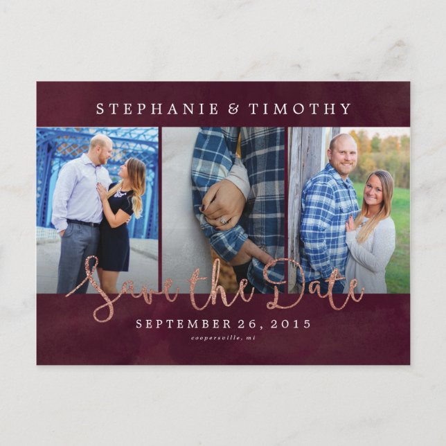 Cartão Postal De Anúncio Casamento Salve a Data - Vinho Tinto & Dourado Ros (Frente)