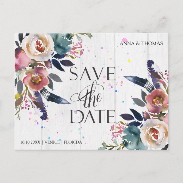 Cartão Postal De Anúncio Casamento Salve As Datas | Boho Blue & Misty Rosa (Frente)
