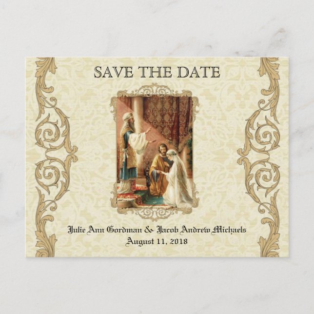 Cartão Postal De Anúncio Casamento SAVE THE DATE Católico Tradicional (Frente)