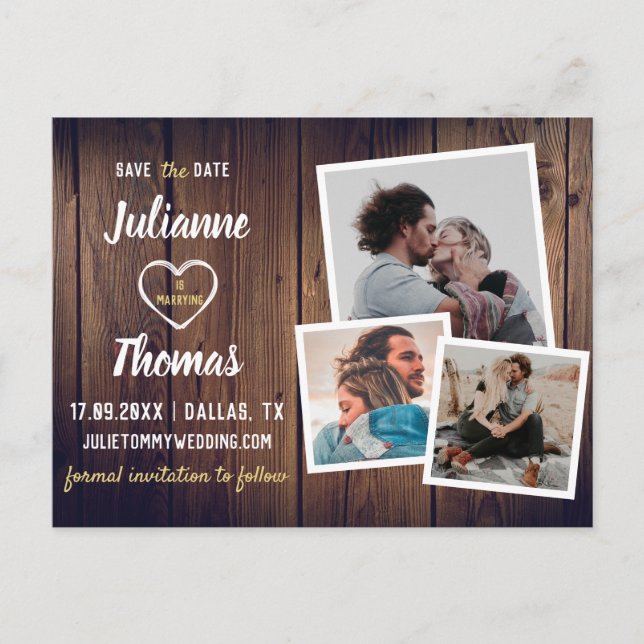 Cartão Postal De Anúncio Casamento Simples Colagem de Fotos em Madeira Rúst (Frente)