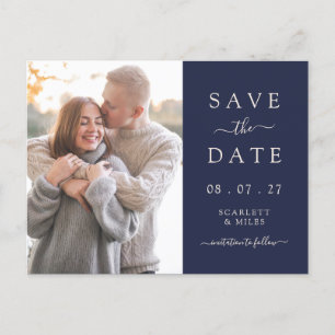 Cartão Postal De Anúncio Casamento Simples de Data de Salvação de Foto Azul