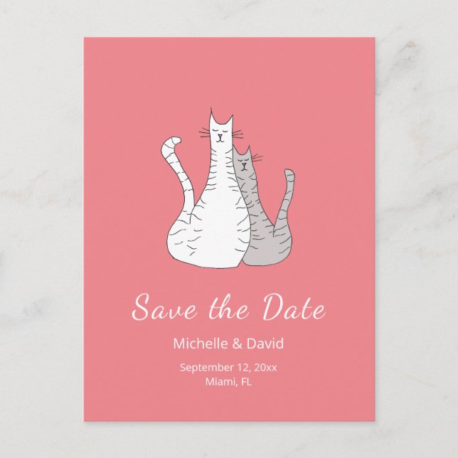Cartão Postal De Anúncio Casamento Simples de Gatos Salve a Data Rosa (Frente)