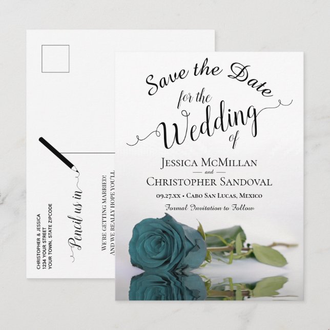Cartão Postal De Anúncio Casamento simples do Elegante Teal Rosa Salve a da (Frente/Verso)