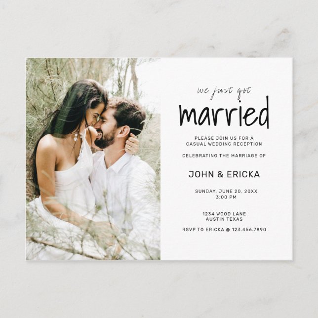 Cartão Postal De Anúncio Casamento Simples e Descontraído We Just Got Marri (Frente)