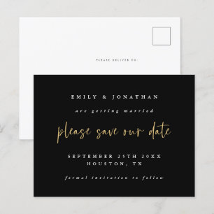 Cartão Postal De Anúncio Casamento Simples Preto Dourado Roteiro Salvar A D