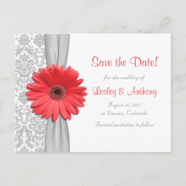 Cartão Postal De Anúncio Casamento tema damasco de Cinza Coral Daisy Salvar