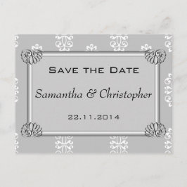 Cartão Postal De Anúncio Casamento tema damasco Prateado Salvar a Data