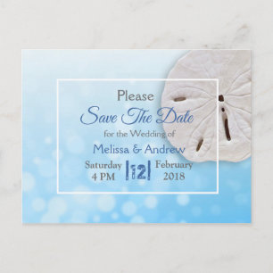 Cartão Postal De Anúncio Casamento Tema Dólar de Areia Azul Salve a Data