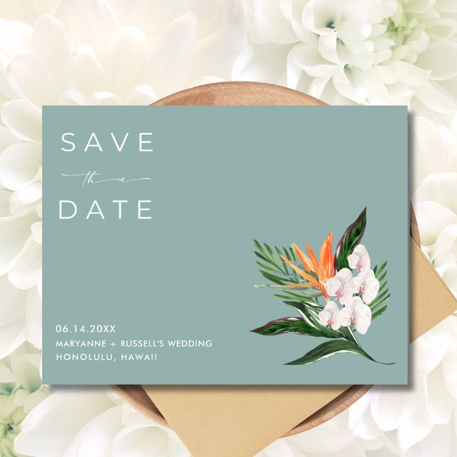 Cartão Postal De Anúncio Casamento Tropical Floral Havaí Salve a Data (Tropical Floral Hawaii Wedding Save the Date Postcard)