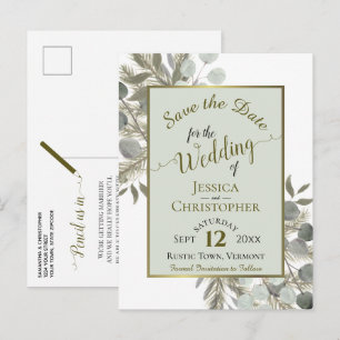 Cartão Postal De Anúncio Casamento Verde Eucalyptus & Pine Sage Salvar a Da