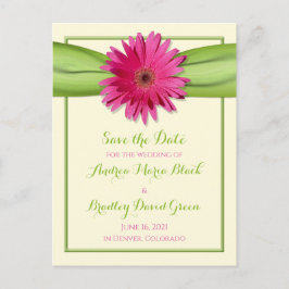 Cartão Postal De Anúncio Casamento Verde Rosa Gerbera Daisy Salve a Data