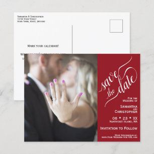 Cartão Postal De Anúncio Casamento Vermelho Salva a Data Foto e Caligrafia