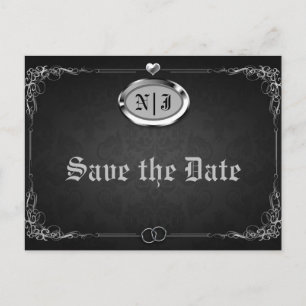 Cartão Postal De Anúncio Casamento Vintage Gótico Preto Prata Salve a Data