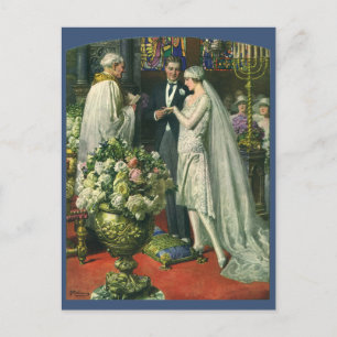 Cartão Postal De Anúncio Casamento vintage, noiva e noivo Salvar a Data