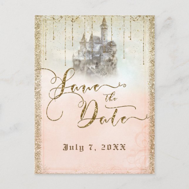 Cartão Postal De Anúncio Castelo de Storybook Glitter Dourado Salvar a Data (Frente)