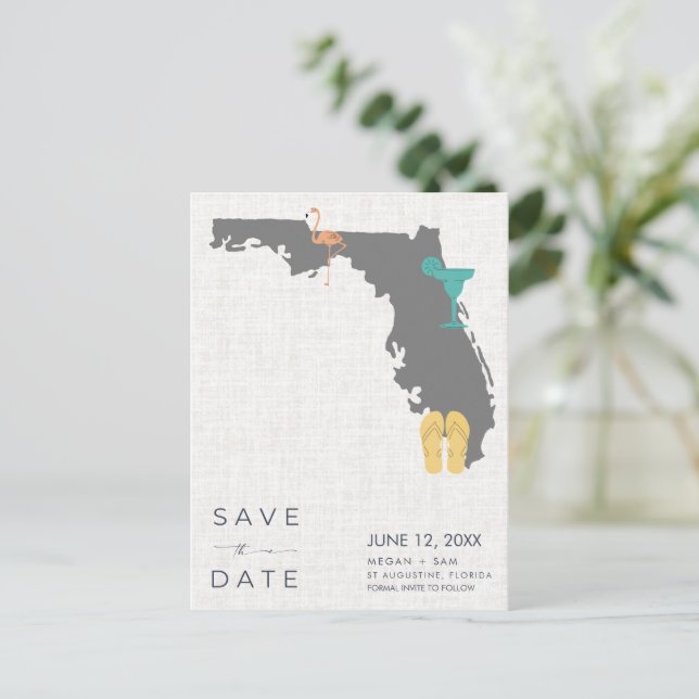 Cartão Postal De Anúncio Casual Florida Beach Wedding Save the Date (Em pé/Frente)