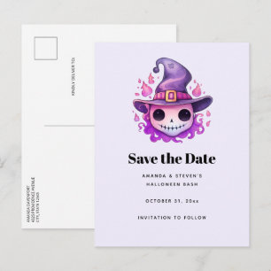 Cartão Postal De Anúncio Caveira em um Chapéu de Bruxa Caprichoso Halloween