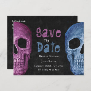 Cartão Postal De Anúncio Caveira Gótica Azul Cor-De-Rosa Salvar A Data