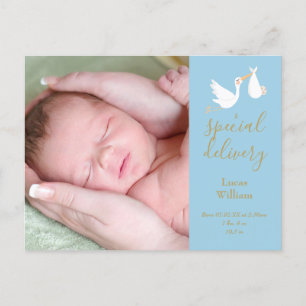 Cartão Postal De Anúncio Cegonha de Entrega Especial Bebê Menino Foto Azul 