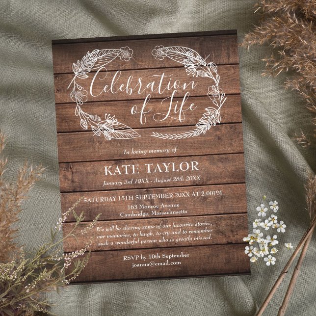 Cartão Postal De Anúncio Celebração de Vida Funeral em Madeira Rústica (Criador carregado)
