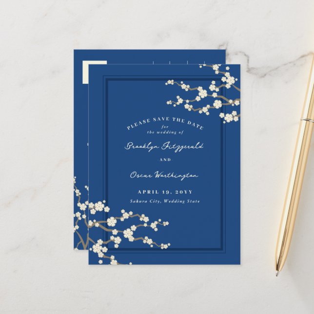 Cartão Postal De Anúncio Cerejeiras Brancas Sakura Asiáticas Salve a Data (Frente/Verso In Situ)