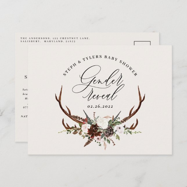 Cartão Postal De Anúncio Chá de bebê revelação de gênero com tema de cervo  (Frente/Verso)