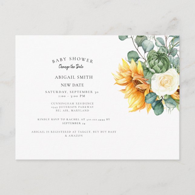 Cartão Postal De Anúncio Chá de fraldas de girassol moderno Alterar a data  (Frente)