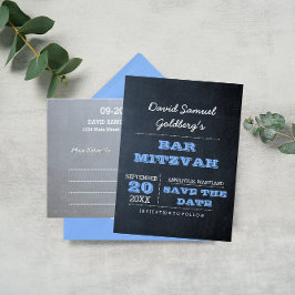 Cartão Postal De Anúncio Chalkboard Blue Bar Mitzvah Salvar a Data