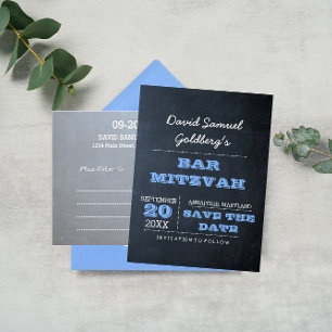 Cartão Postal De Anúncio Chalkboard Blue Bar Mitzvah Salvar a Data
